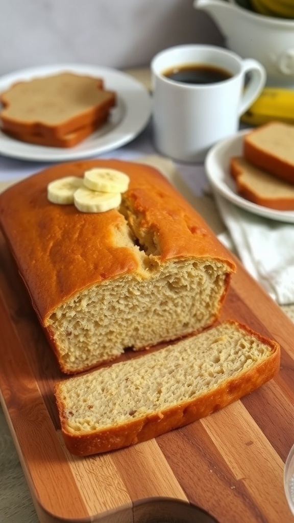 A loaf of eggless banana bread sliced on a wooden board, with banana slices on top and a cup of coffee in the background.